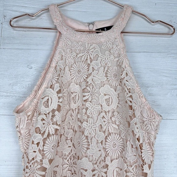 Lulus Cheers to Love Skater Mini Dress Women Medium Halter Neck Lace Blush Pink - Picture 3 of 16